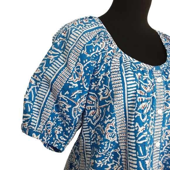 Livro Mini Dress Puff Sleeve Button Front Hand Block Mini Printed Blue Womens S - Picture 3 of 9